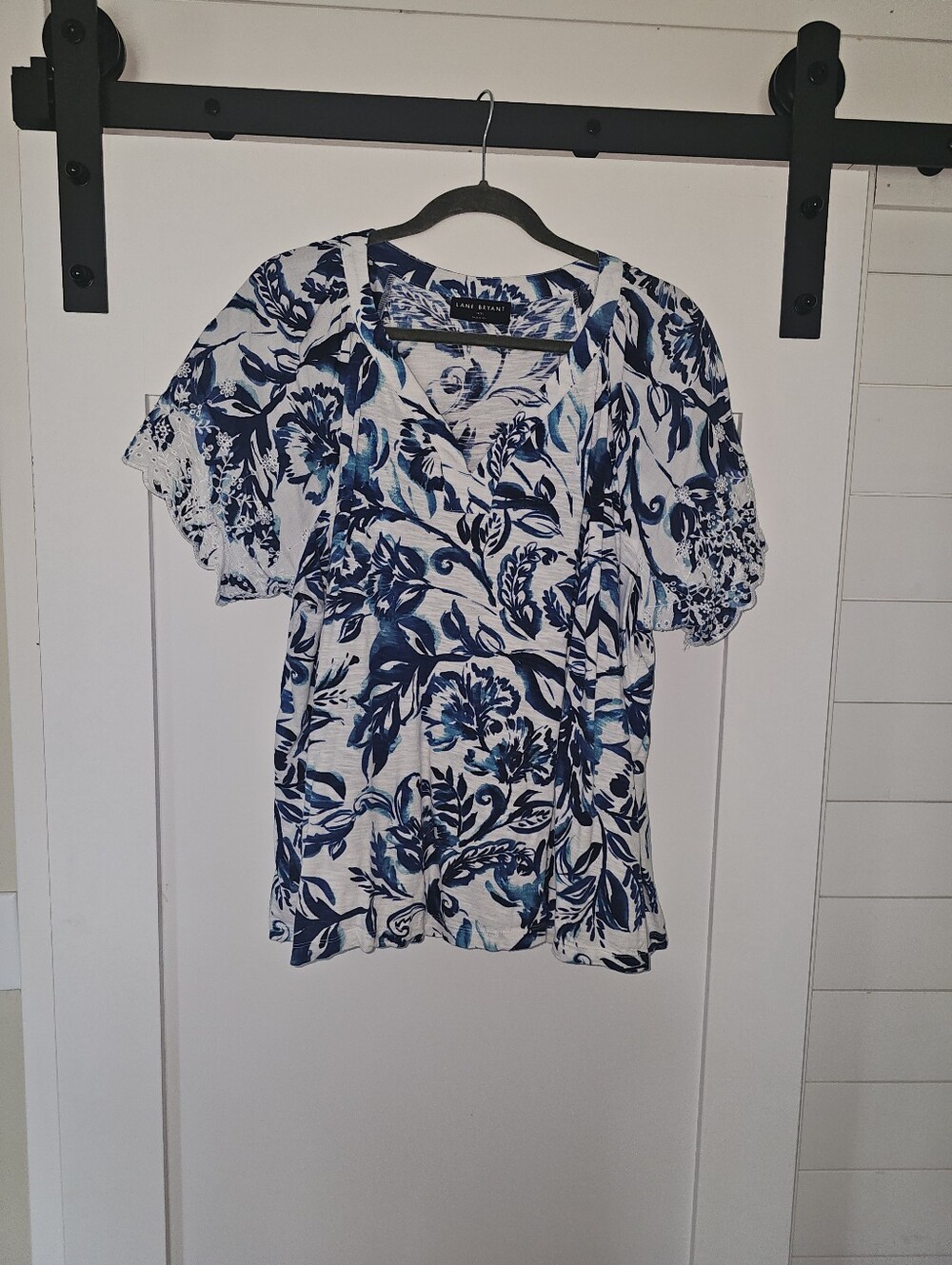 Laura Ashley White and Blue Floral Lace-Trim Short Sleeve Top